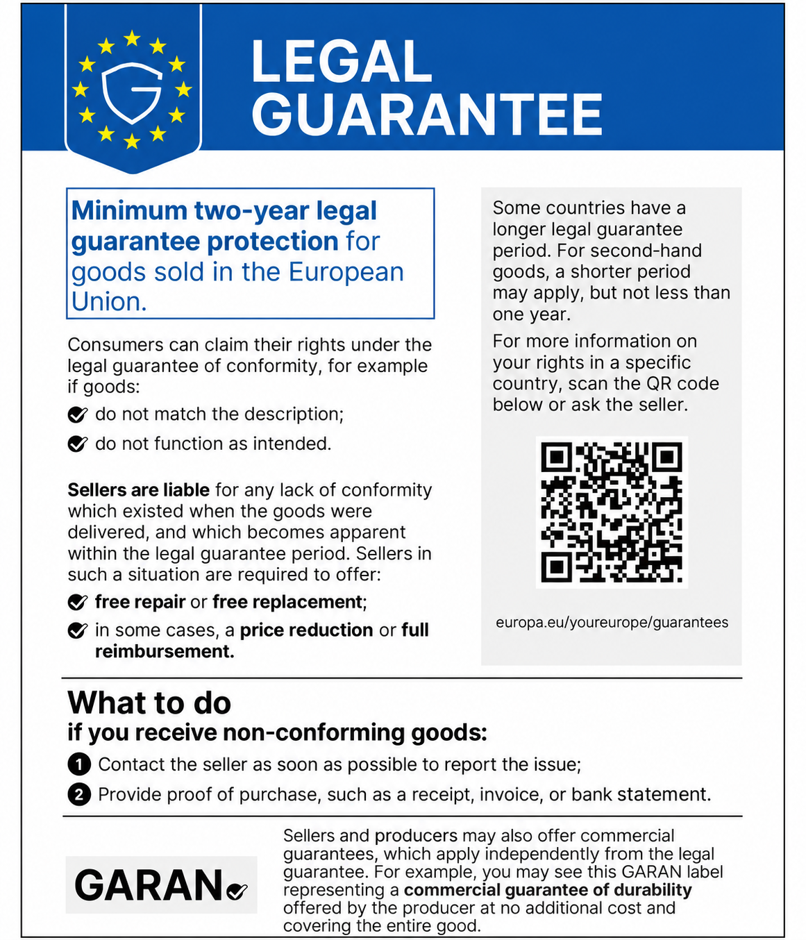 EU harmonised notice on the legal guarantee of conformity